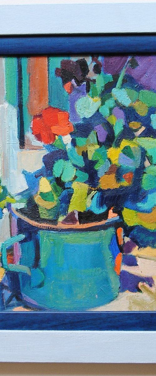 Geraniums in a blue pot by Maja Đokić Mihajlović
