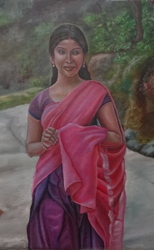 Girl in rose Half Saree by Ramya Sadasivam