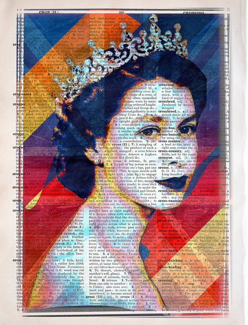 Queen Elizabeth II - The Union Jack 3 - Collage Art on Large Real English Dictionary Vintage Book Page by Jakub DK - JAKUB D KRZEWNIAK