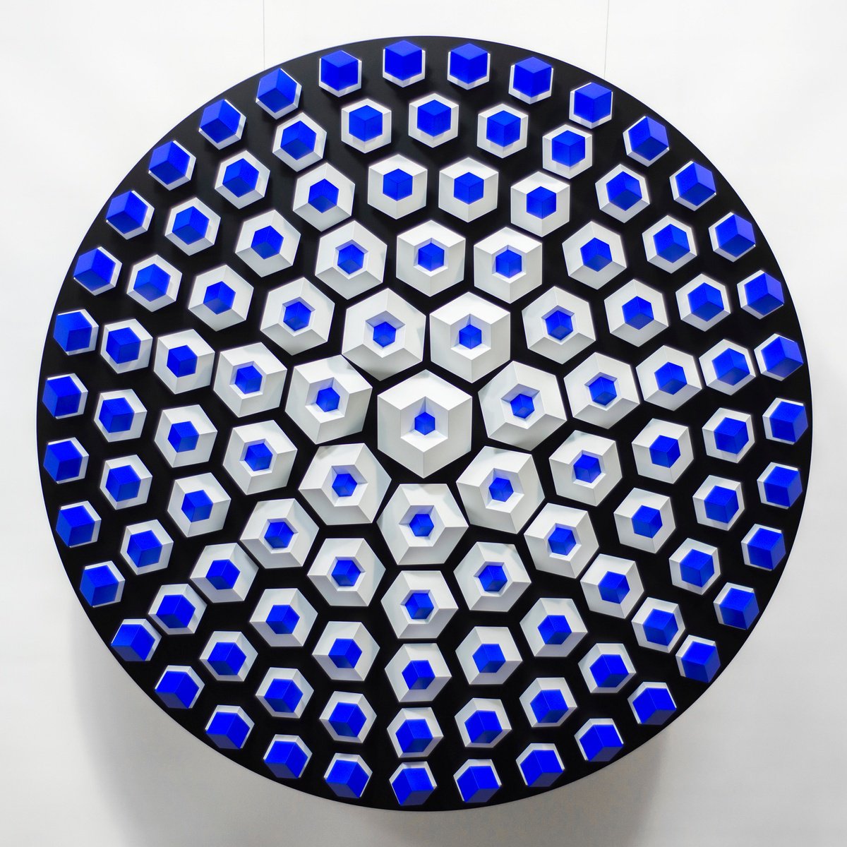 Geometric Abstract Wood Sculpture By Andrij Savchuk, 39 X 39, Blue Core, Original Artwork