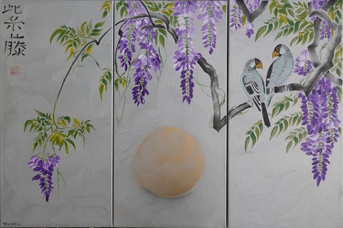 Japanese lilac wisteria and love birds J221 - large silver triptych, original art, japanese style paintings by artist Ksavera by Ksavera
