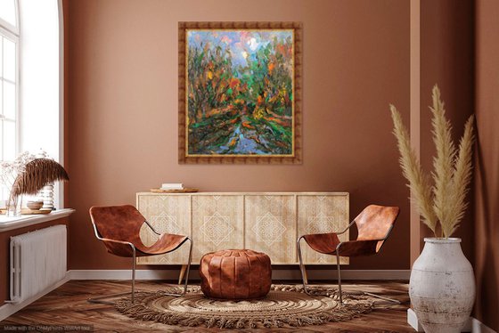 AUTUMN IN MOSCOW - landscape art, original painting oil on canvas, waterscape, pond fall, home decor