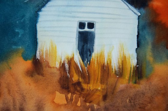 Fall abstract landscape original watercolor painting, cabin autumn forest, housewarming gift