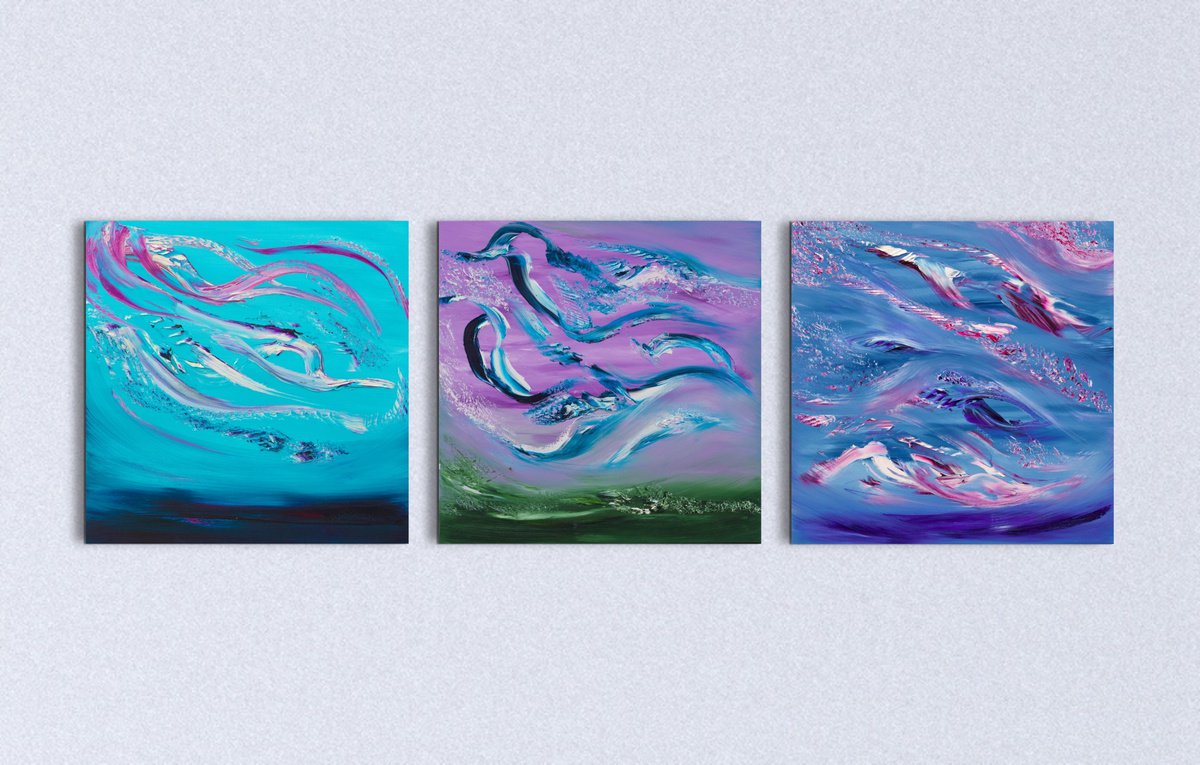 She is coming, Triptych n? 3 Paintings, Original emotional landscapes, oil on canvas by Davide De Palma