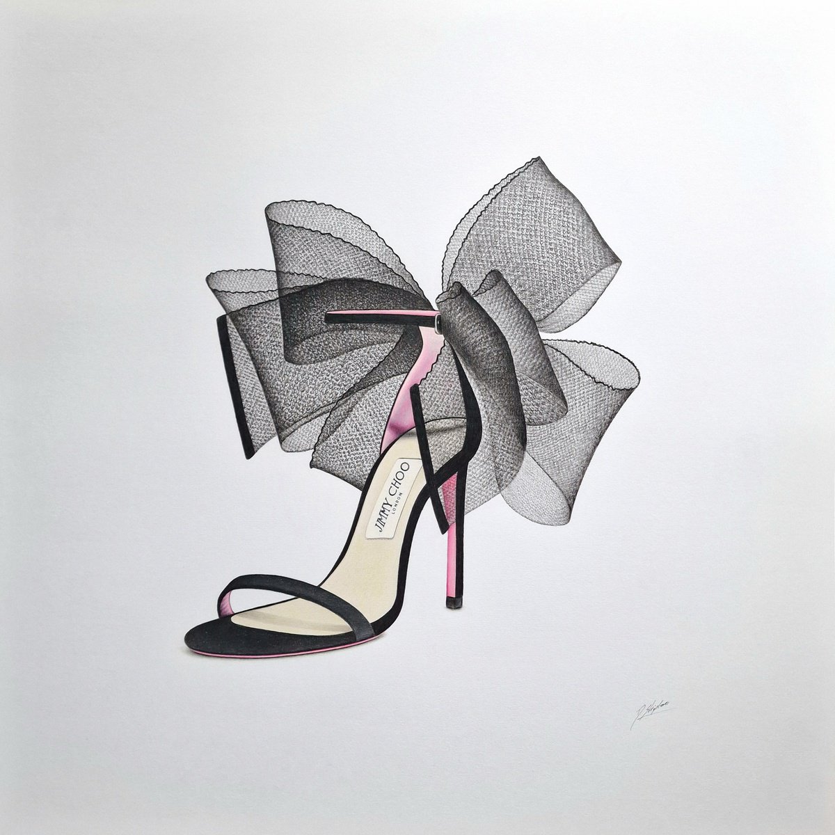 Photorealistic Still Life Pencil Drawing By Daniel Shipton, 23 X 23, Jimmy Choo Shoe, Original Artwork