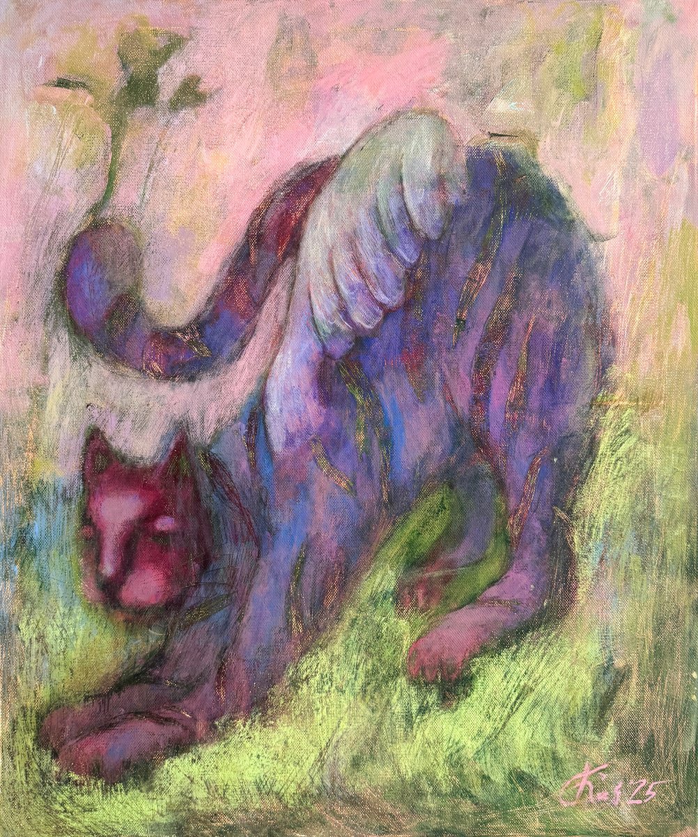 Expressive Animal Acrylic Painting By Ksenia Kozhakhanova, 20 X 24", "Angel With Paws", Original Artwork