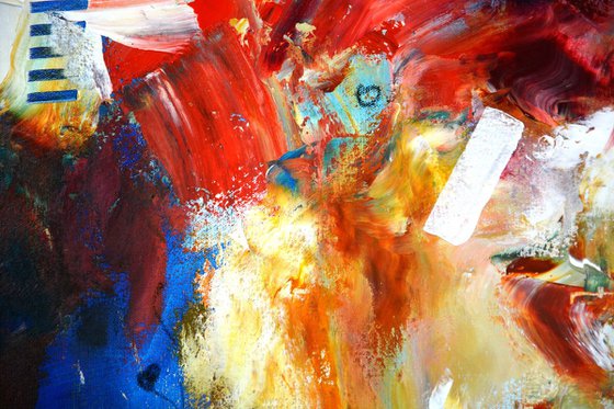 Abstract large painting - Big Bang - red, blue and yellow long abstract painting