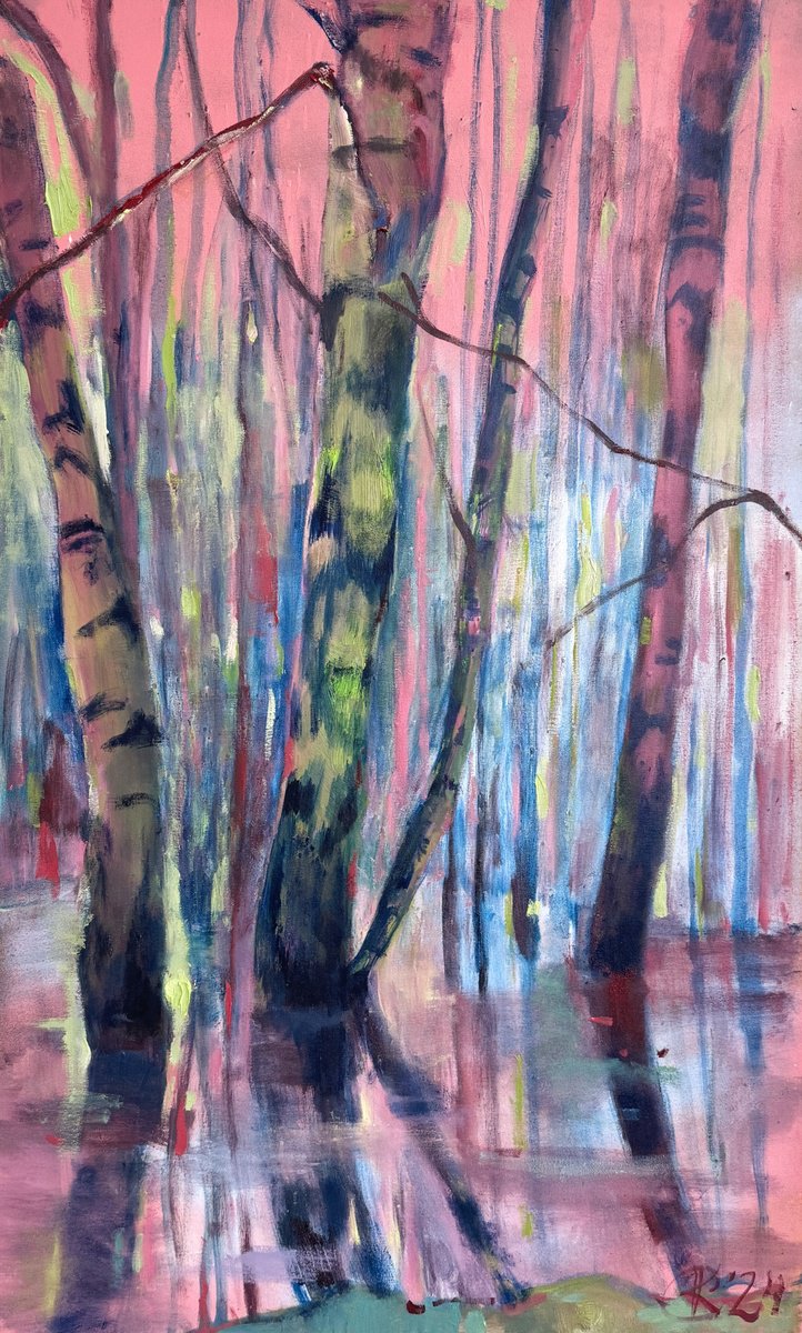 Impressionistic Landscape Oil Painting By Ksenia Kozhakhanova, 24 X 39", "Neon Swamp", Original Artwork