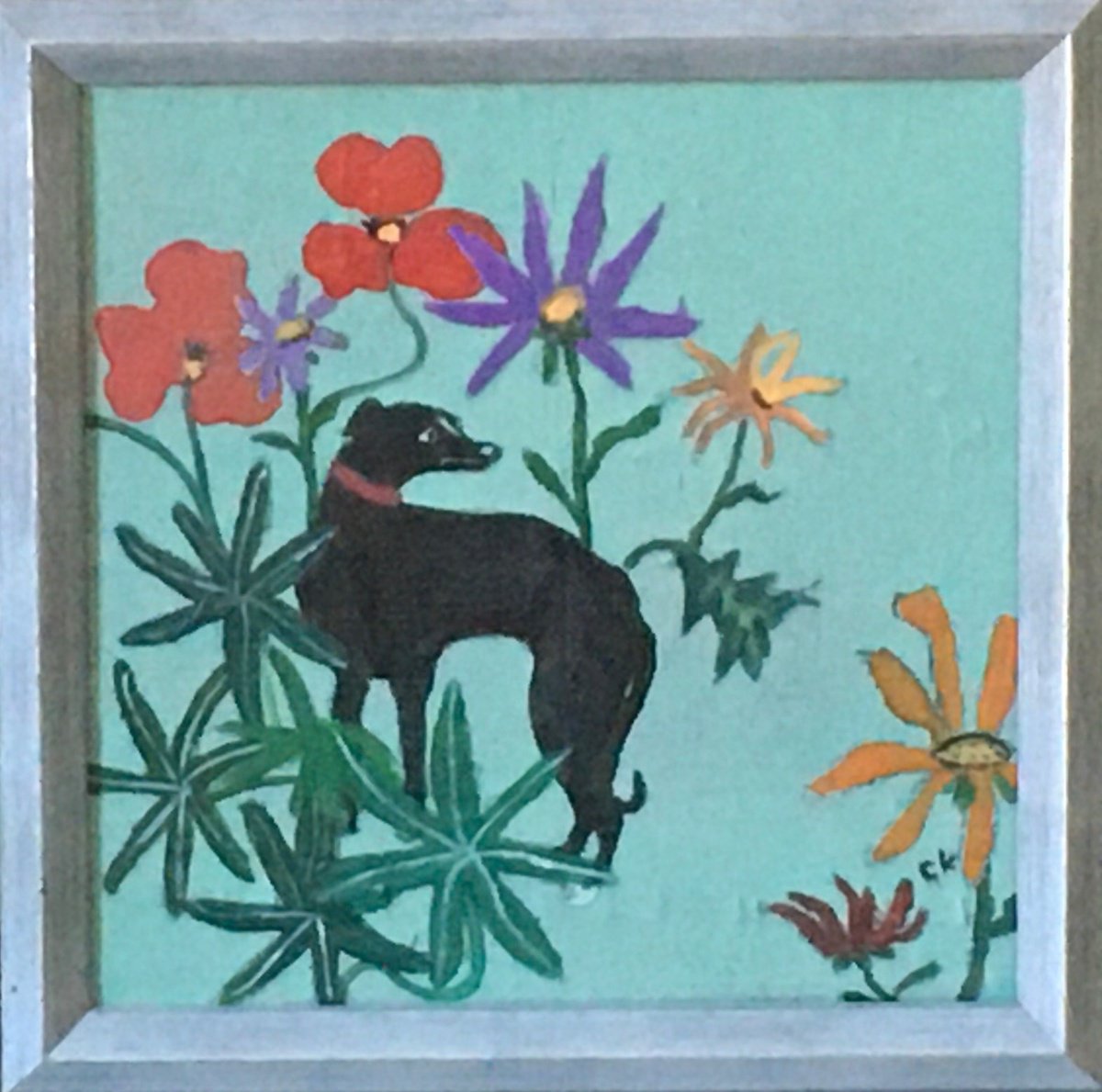 Illustrative Animal Acrylic Painting By Chihiro Kinjo, 9 X 9, Black Whippet, Original Artwork