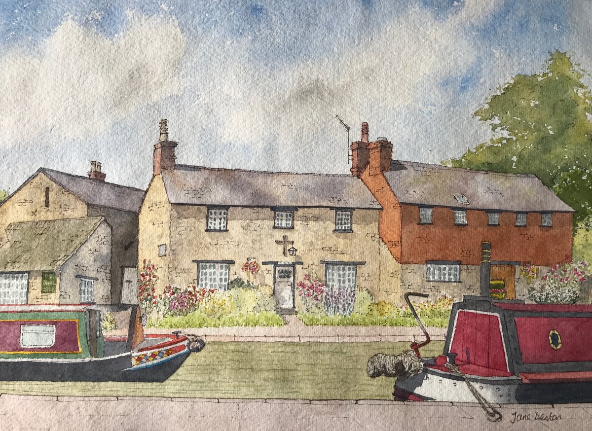Impressionistic Landscape Watercolour By Jane Denton, 14 X 10, Canal Cottages, Stoke Bruerne, Original Artwork