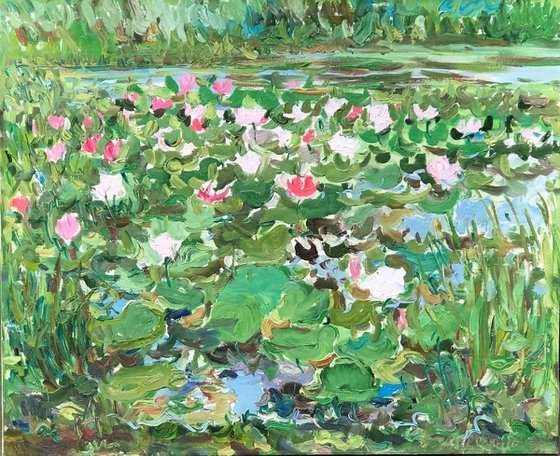 NOON ON THE LAKE, LOTUS - Water lilies, floral landscape,  waterscape, original oil painting, plein air