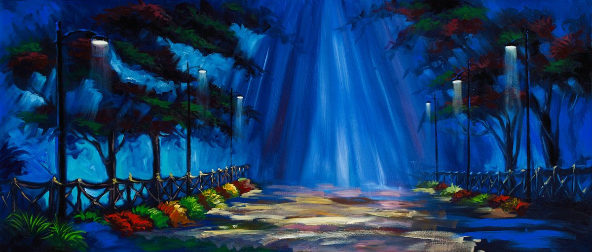 Abstract Landscape Acrylic Painting By Madhav Singh, 75 X 33", Midnight Waterfall, Original Artwork