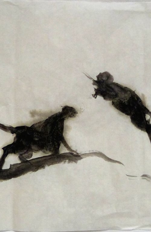 Two cats 1, ink painting on chinese paper, 33x53 cm by Frederic Belaubre