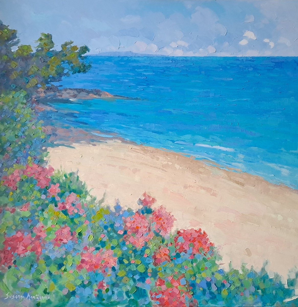 Impressionistic Landscape Oil Painting By Susanna Montagnino, 31 X 31", Ecstasy On A Lonely Beach, Original Artwork