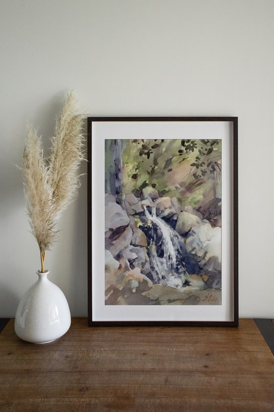 Caledonia waterfall, Watercolor nature of Cyprus