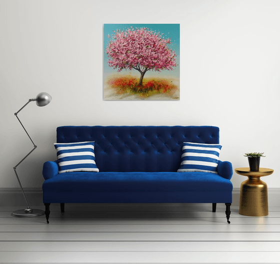 ”Spring Blooming Tree” 35.4" Large Mixed Media Painting