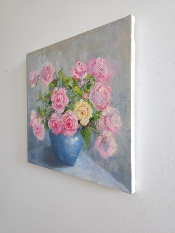 Roses in Blue Vase