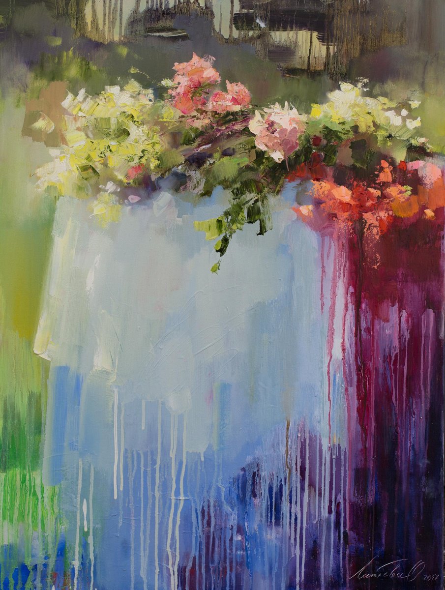 Abstract Botanical Oil Painting By Olha Laptieva, 24 X 32", Lady Forgot The Flowers, Original Artwork