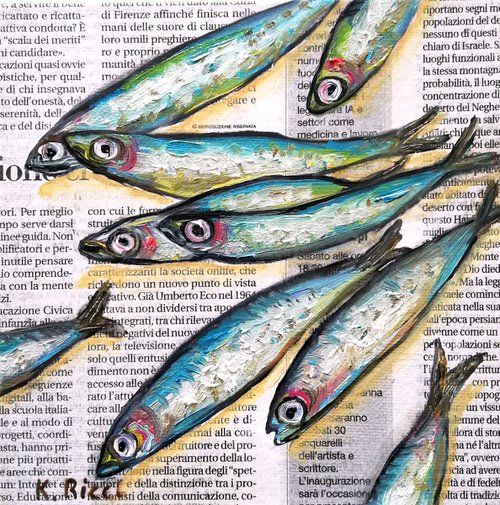 "Fishes  on Newspaper" Original Oil on Canvas Board Painting 6 by 6 inches (15x15 cm) by Katia Ricci