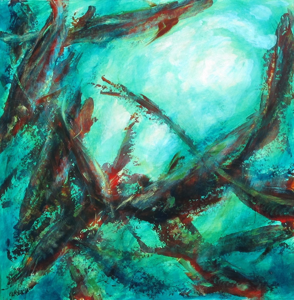 Expressive Animal Acrylic Painting By Fabienne Monestier, 24 X 24, Poiscailles Fishes #3, Original Artwork