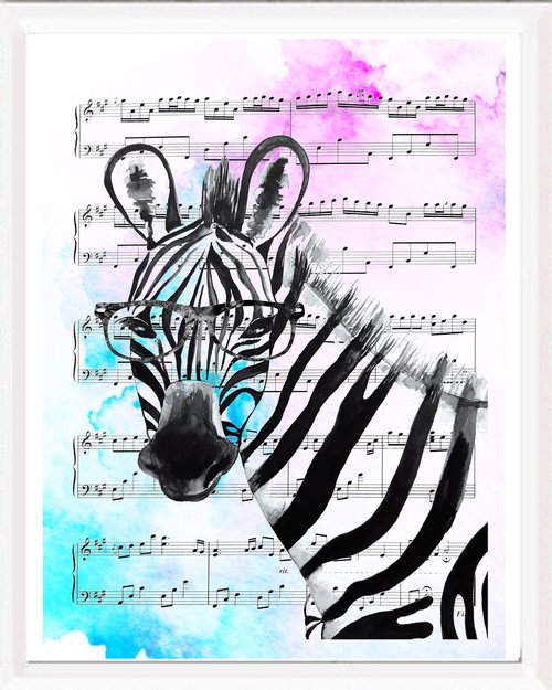 Zebra, watercolor on sheet music by Luba Ostroushko