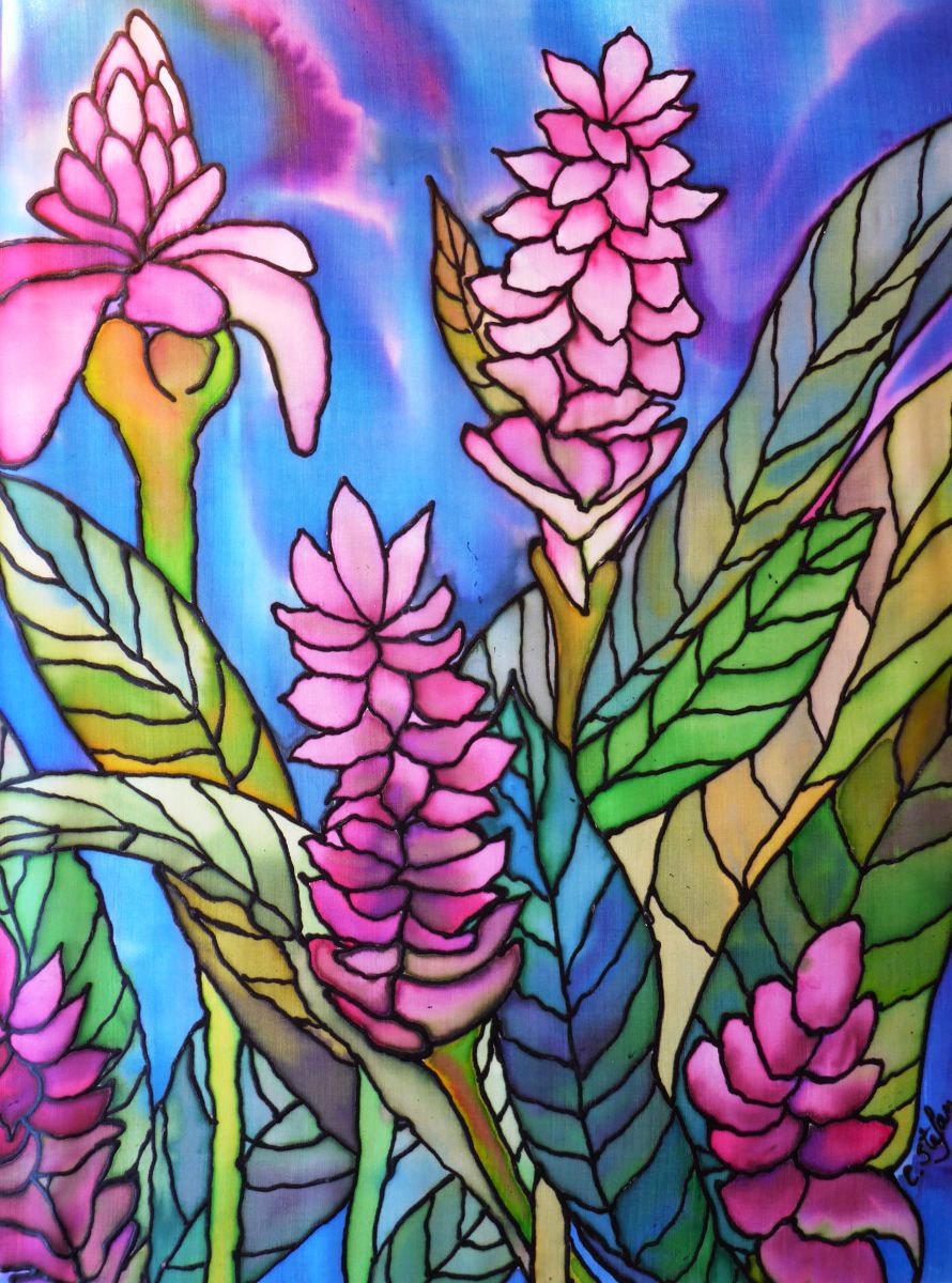 Tropical Flowers (Painting on Silk) by Cristina Stefan