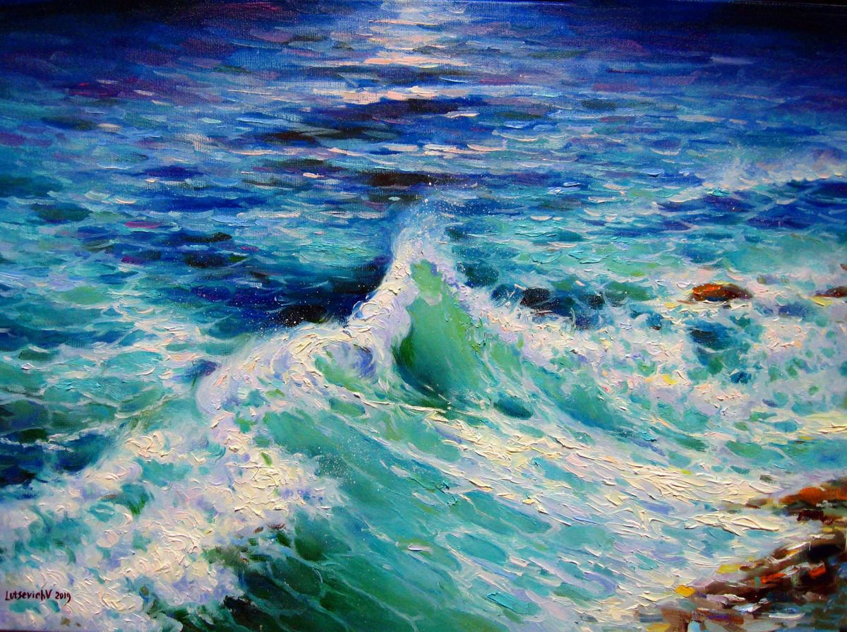 Impressionistic Landscape Oil Painting By Vladimir Lutsevich, 22 X 16", Surf Off The Crimean Coast, Original Artwork