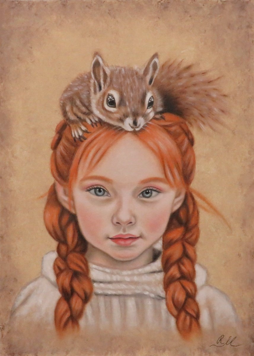 Expressive Portrait Oil Painting By Monika Rembowska, 11 X 15", "Little Girl With Squirrel", Original Artwork