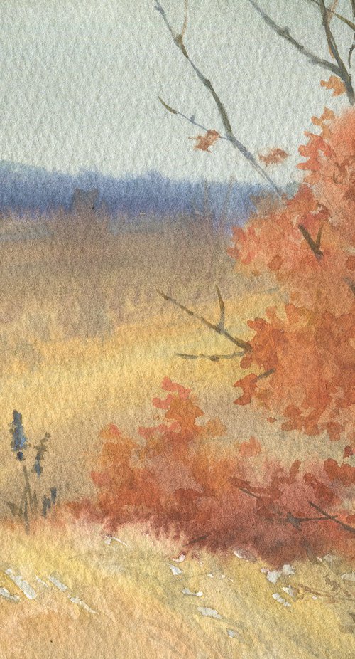 Young oaks. Fall #4 / Autumn trees Terracotta tones Watercolor landscape by Olha Malko