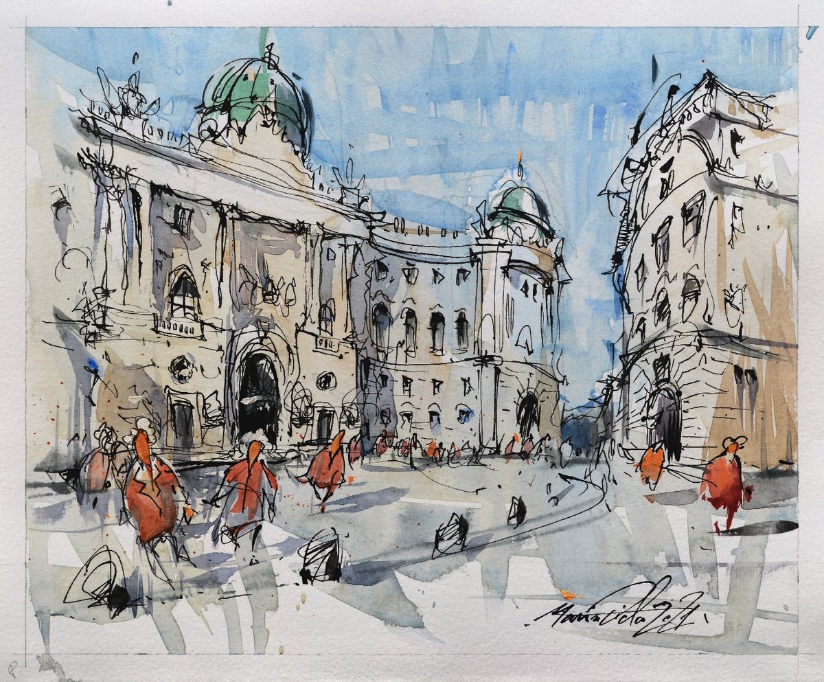 Vienna ink and watercolor travel sketch. by Marin Victor