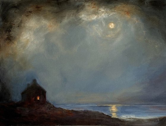 Home: Moonlit Sea. Original Acrylic Painting on Canvas Impressionist home decor gift.