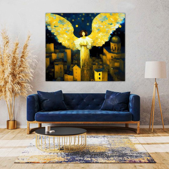 Night Angel. Fairytale cityscape. Original large format fantasy surrealism mythology legend art, symbolic artwork, romantic golden and dark blue wall art for home decor. Nice lovely gift.