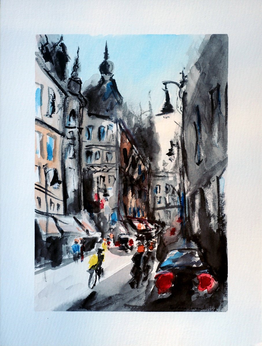 Impressionistic Cityscapes Watercolour By Ruslana Levandovska, 9 X 11", European City Street, Original Artwork