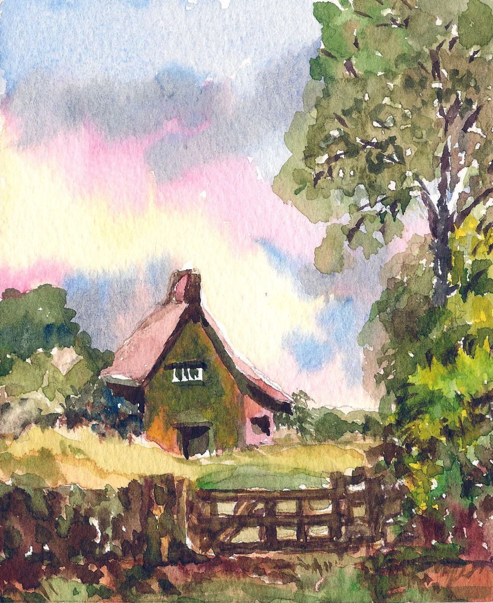 Painting of a cottage A Cosy Cottage-5x6 by Asha Shenoy