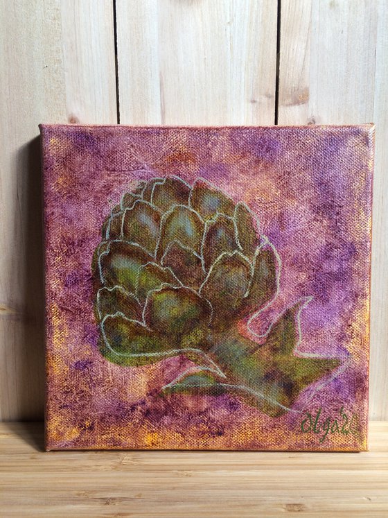 Flower oil painting - Artichoke original small canvas - Food wall art - Kitchen shelf painting