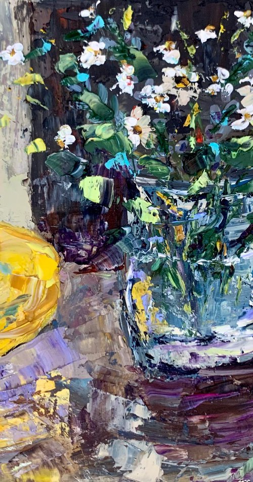 Still life with wildflowers and a lemon by Vilma Gataveckienė