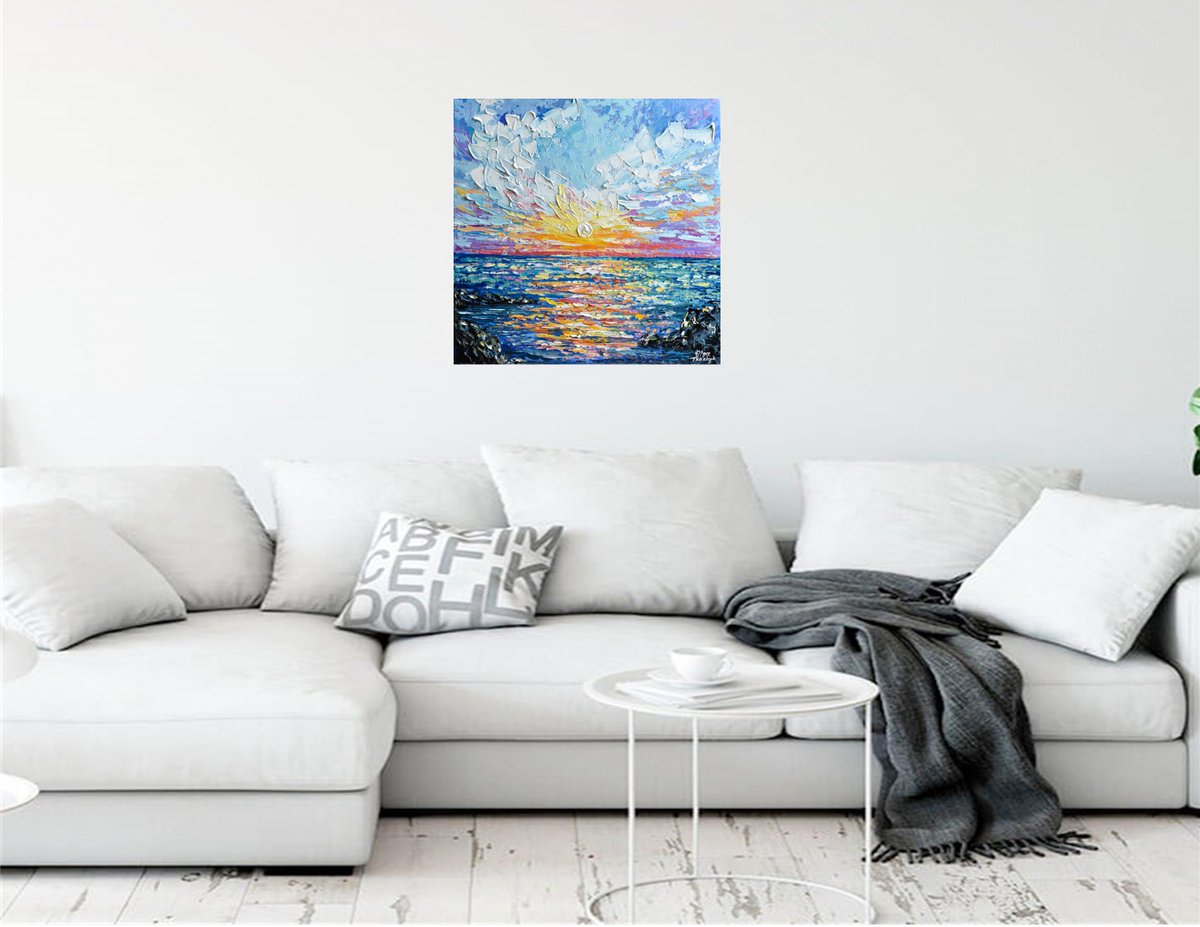 Lavender Sky, Seascape Sunset Palette Knife Painting, Acrylic, 16x20 –  Olga Tkachyk Art