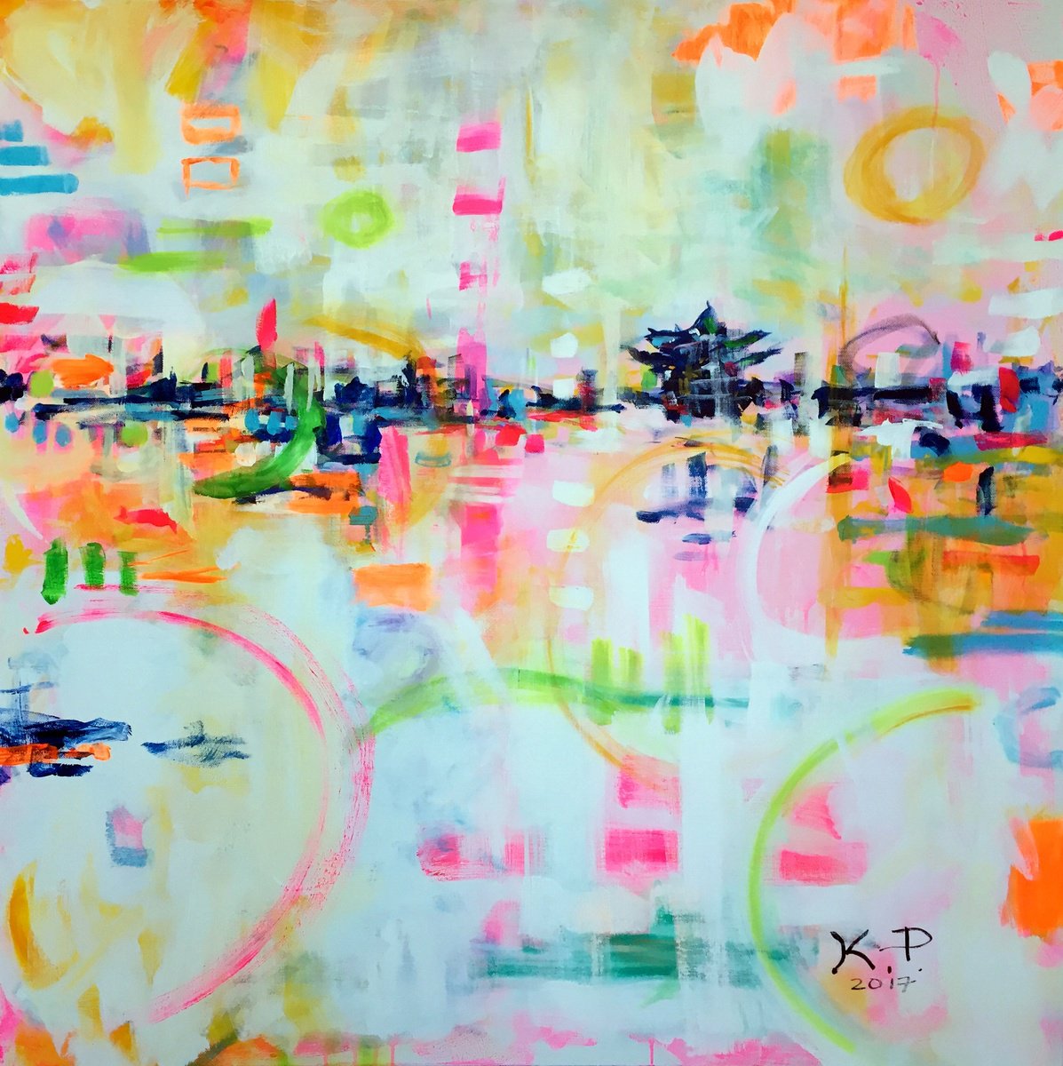 Abstract Landscape Acrylic Painting By Kasia Pawlak, 39 X 39", Asian Spring, Original Artwork