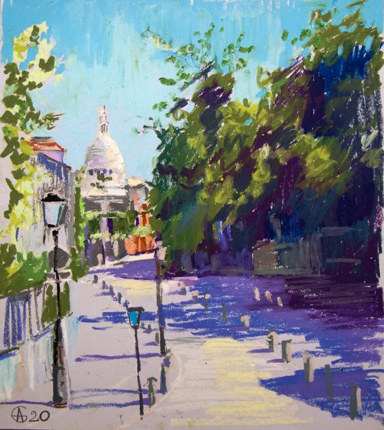 Paris. Montmartre. Oil pastel painting.  Small travel street urban interior decor gift paris france shadow original impression