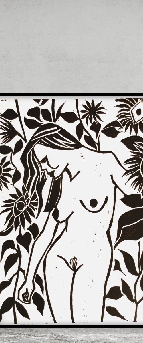 Standing Nude Amongst Sunflowers Expressionist Lino Cut Hand Pulled Print by Andrew Orton