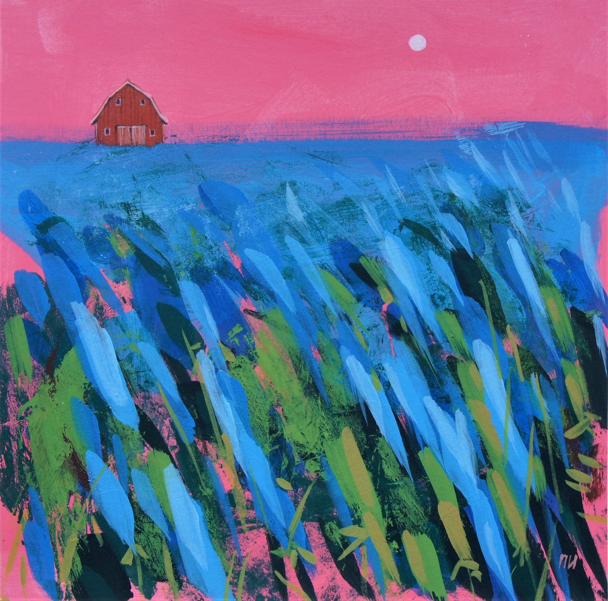 Impressionistic Landscape Acrylic Painting By Irina Plaksina, 9 X 9, Bluebonnets. Sunset. Texas, Original Artwork