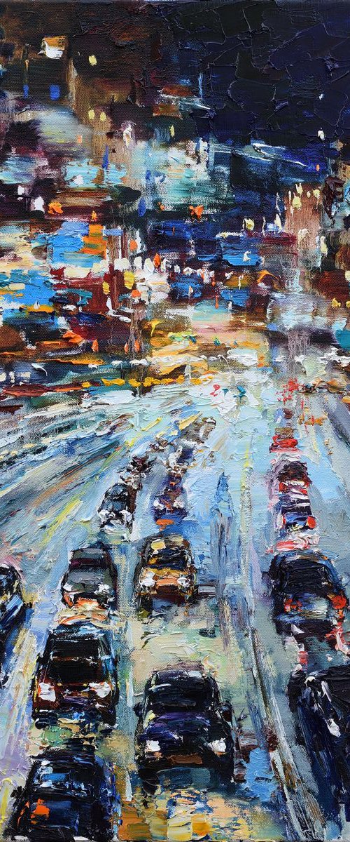 Night City Traffic - Urban landscape painting 60 x 80 cm by Anastasiia Valiulina