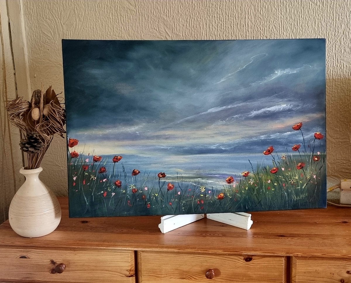 Poppies at the Beach 30x202 Large Seascape Oil Painting by Hayley Huckson