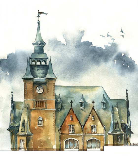 "Tower with a weather vane" architectural sketch in watercolor