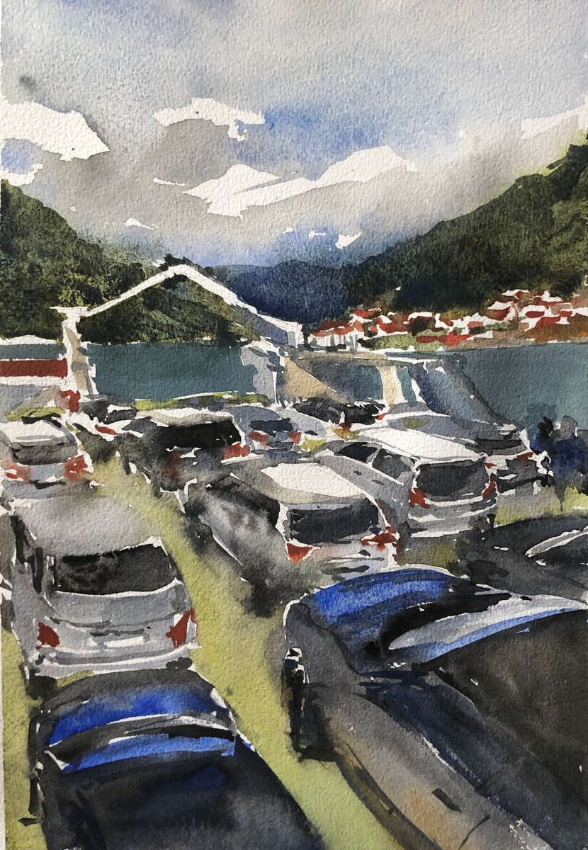 Impressionistic Cityscapes Ink Drawing By Olga Beloborodova, 8 X 12", Sketch 9. Ferry, Original Artwork