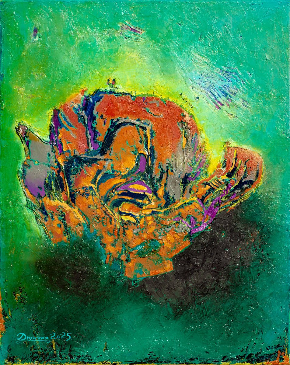 Organic Abstract Oil Painting By Mykola Dzhychka, 16 X 20", The Carroty Transformation, Original Artwork