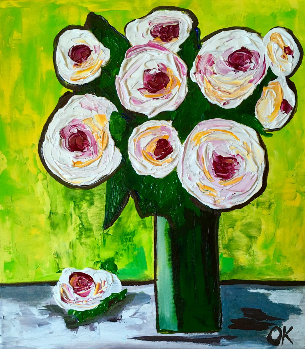 White Roses On Green By Olga Koval, 16 X 18, Artwork For Sale On Artfinder