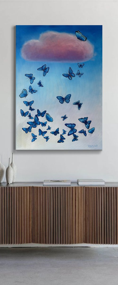 "Butterfly flight to the cloud". Original oil painting XXL by Mary Voloshyna
