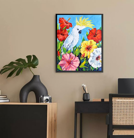 White Cockatoo and Hibiscus flowers