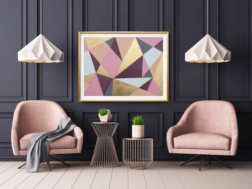 Large Geometric Modern Painting with Gold Leaf Contemporary Artwork Pink Beige Gray Golden Painting by JuliaP Art